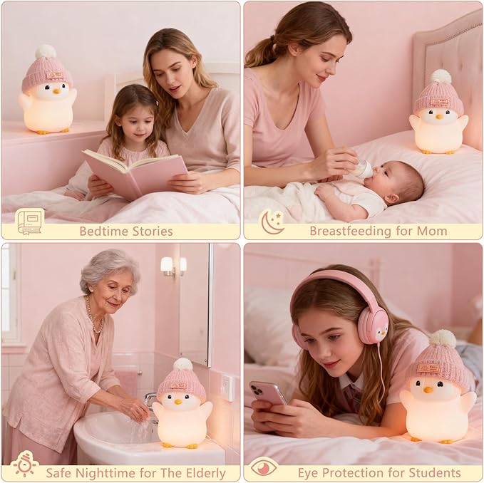 FAMIDUO Penguin Night Light, Cute Pink Penguin Lamp with Knit Hat, Soft Silicone Nursery Nightlight for Baby, Rechargeable/Dimmable/Timer,LED Squishy Novelty Animal Bedside Lamp,Funny Gifts for Kids