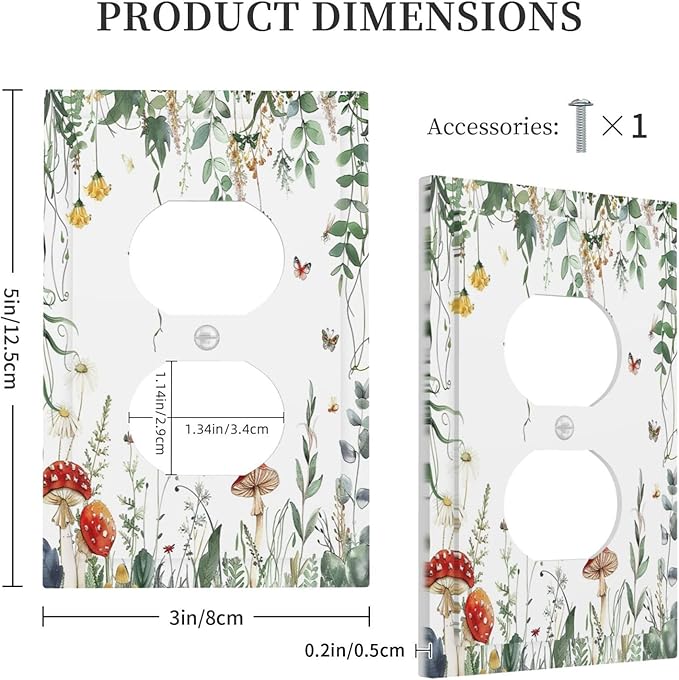 Outlet Covers Sage Plant Red Mushroom Butterfly Wild Flower 1 Gang Duplex Light Switch Cover Decorative Switch Plates Electrical Receptacle Faceplate Wall Plate For Bed Room Kids Room