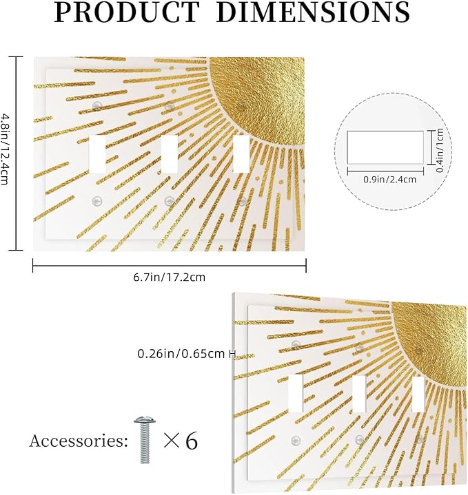 Mid Century Boho Gold Sun Abstract Sunrise Decorative Switch Plates 3 Gang Wall Plate Triple Toggle Light Switch Cover Faceplate Electrical Wall Panels for Kids Room Home Decor