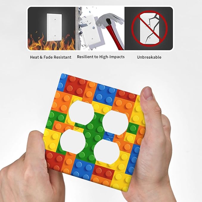 Building Blocks Theme Colored Bricks Print Outlet Covers 2 Gang Double Duplex Decorative Light Switch Covers Electrical Wallplates Socket Faceplate for Room Office Home Decor
