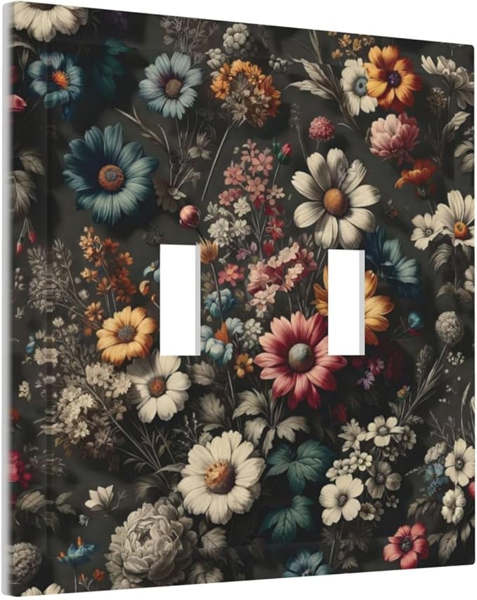 Decorative Light Switch Plate Covers Bohemian Colorful Floral Blue White Yellow Red Flowers 2 Gang Wall Plate Double Toggle Switch Cover Plate Electric Dual Device Electrical Faceplate