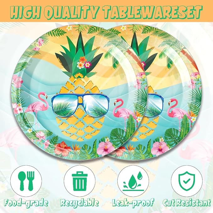 40pcs Fancy Land Flamingo Party Supplies Summer Beach Paper Plates and Napkins Set Pineapple Summer Hawaiian Tableware for 20 Guests