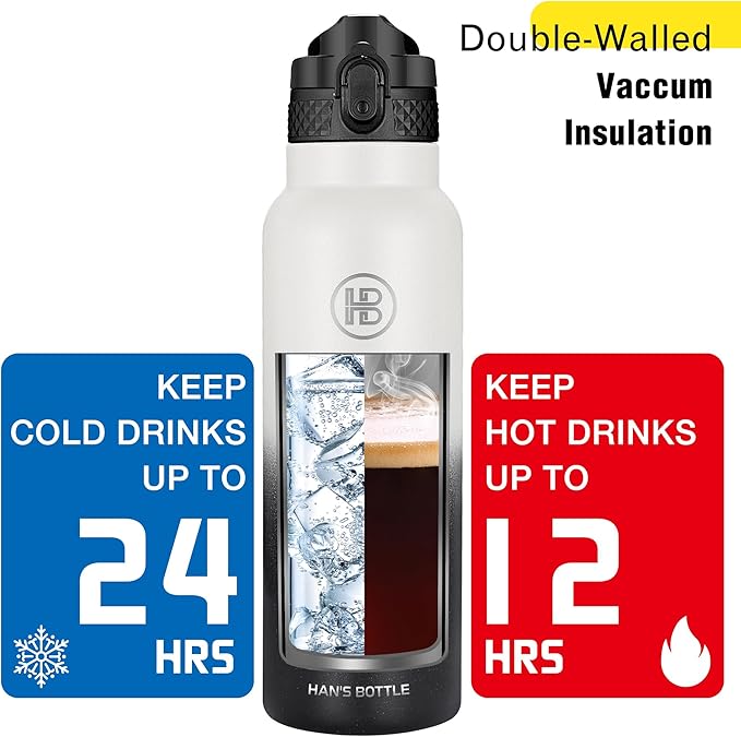 Han's Bottle Sports Water Bottle - 24 Oz, Straw Lid, Leak Proof, Vacuum Insulated Stainless Steel, Double Walled, Thermo Mug,White & Black
