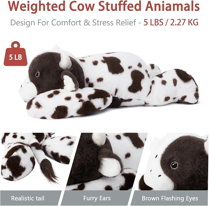 Niuniu Daddy 20" | 3.3 Pound Cow Weighted Stuffed Animals for Kids Adults, Kawaii Cow Weighted Beads for Body Pillow for Hugging, Soft Plush Toy for Gift Birthday Christmas Holiday Easter Presents