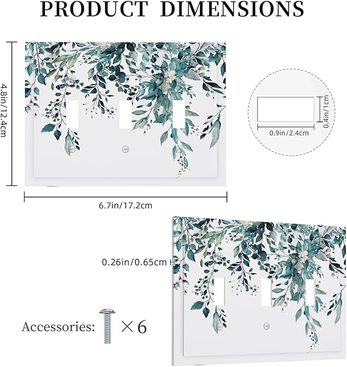 Decorative Light Switch Cover Plate Green Eucalyptus Boho Olive Leaves Country Unique 3 Gang Wall Plate Switch Plate Covers Triple Toggle Jumbo Electrical Faceplate for Bedroom Decor