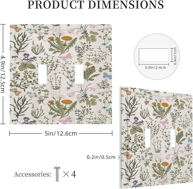 Outlet Covers Boho Floral Vintage Flowers Plants 1 Gang Duplex Light Switch Cover Plate Decorative Wall Plates Electrical Switchplate Receptacle for Bathroom Bedroom Decor（2 Pack）