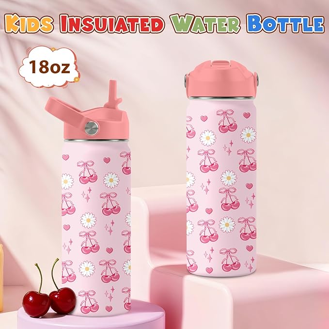 Cherry Gifts for Girls - 18oz Pink Water Bottle with Straw Lid, Stainless Steel Insulated Tumbler, Leakproof, BPA-Free, for Women, Travel - Cherry Lovers Birthday Gift Cup (1pc)