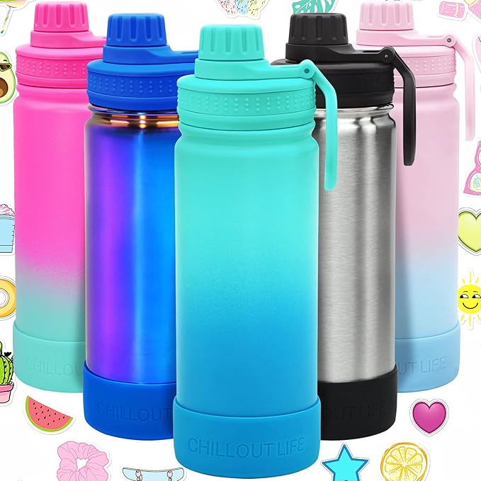 CHILLOUT LIFE 17 oz Kids Insulated Water Bottle for School with Leakproof Spout Lid and Cute Waterproof Stickers, Personalized Stainless Steel Thermos Flask Metal Water Bottle for Girls & Boys