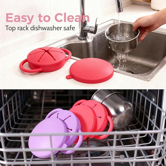 2 Pack Stainless Steel Baby Snack Cups for Toddlers Kids with Silicone Food Catcher, Travel Lid, Spill-Proof Bowl Containers, Toddlers Essentials