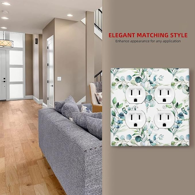 Green Eucalyptus Leaves 2 Gang Double Duplex Combination Light Switch Cover Spring Neutral Olive Sage Leaf Decorative Two Gang Dual Device Receptacle Outlet Covers Switch Wall Plate Standard Size