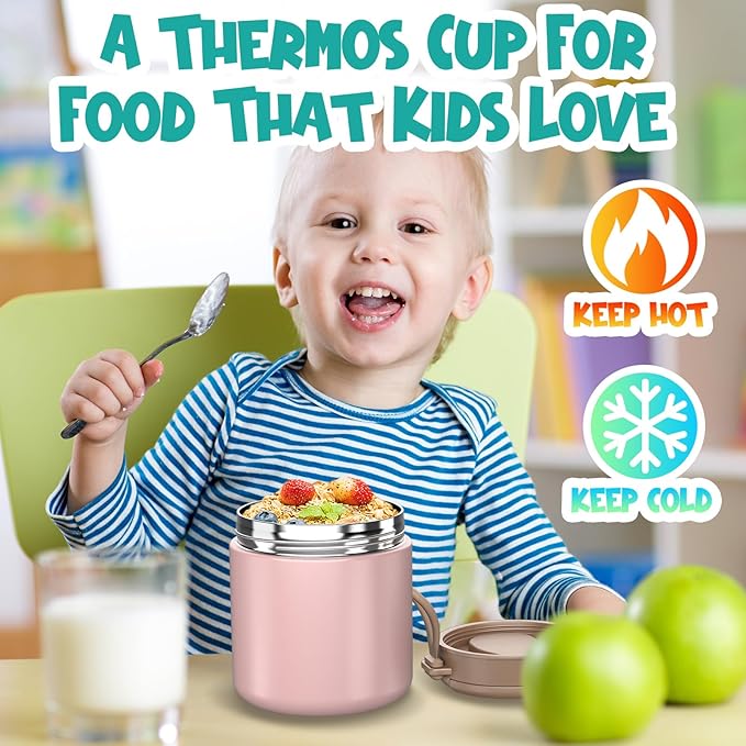 Thermo for Hot Food Kids - 15.2oz, Leak Proof Insulated Food Jar, Soup Thermo, Insulated Lunch Containers, Termos Para Comida Caliente, Wide Mouth Lunch Box with Folding Spoon and Handle