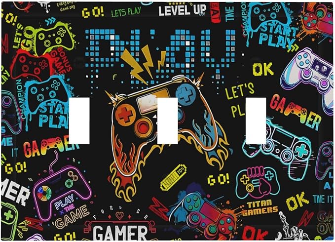 Gamer Video Game Themed Cool Controller Print Decorative Switch Plates 3 Gang Wall Plate Triple Toggle Light Switch Cover Faceplate Electrical Wall Panels for Kids Room Office Decor
