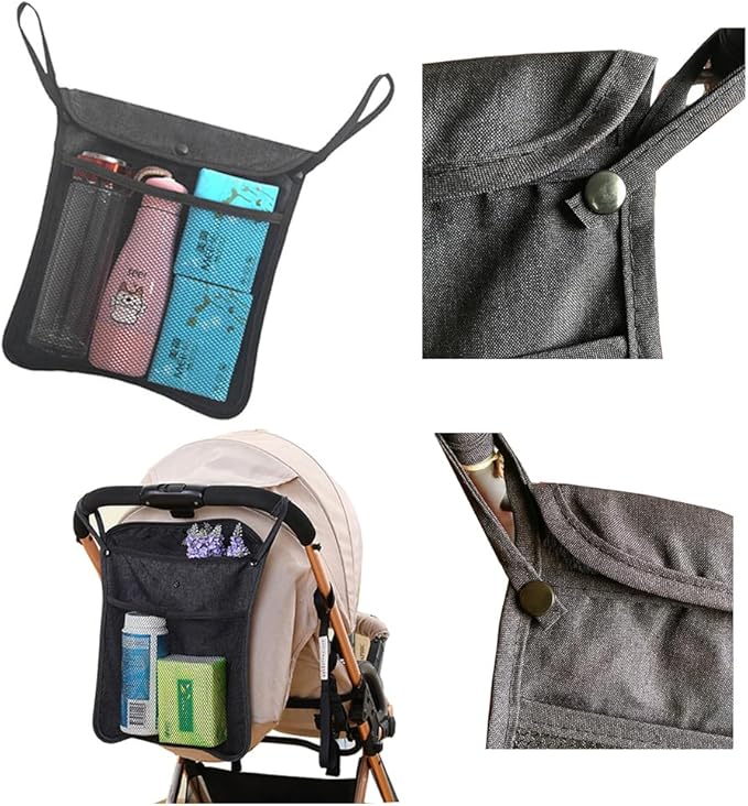 2pcs Baby Stroller Organizer with Two Compartments Front Mesh Pocket for Bottle Nappy Diaper Storage, Detachable Straps, Fits for Stroller like Uppababy, Baby Jogger, Britax, Bugaboo, BOB, Black