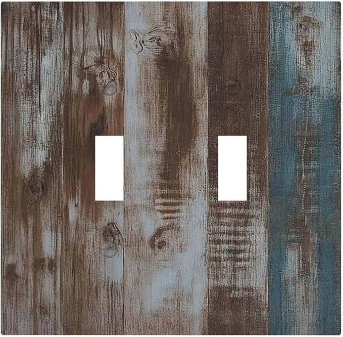 Vintage Blue Brown Wood Grain Decorative Switch Plates 2 Gang Double Toggle Wall Plate Electrical Faceplate Outlet Light Switch Cover for Bedroom Farmhouse Decor