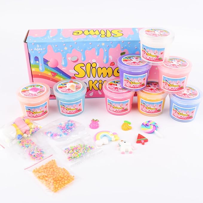 8 Pack Butter Slime Kit for Kids, Scented Butter Slime Party Favors with Peach, Unicorn, Rainbow Charms, Birthday Gifts for Girl Boys, Stretchy and Non-Sticky, Super Soft DIY Stress Relief Toy