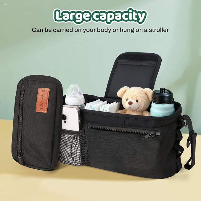 Guiseapue Universal Stroller Organizer with Cup Holder: Stroller Caddy Accessories with Detachable Phone Bag Fit for Uppababy, Non-Slip Straps, Walker Accessories, First Mothers Day Gifts for New Mom