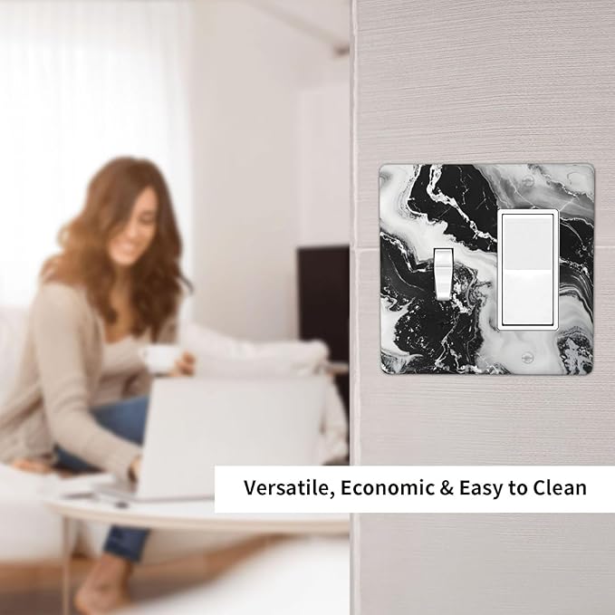 Ink Painting Marble Black White Abstract Luxurious Print Outlet Covers 1 Toggle 1 Rocker Combination Decorative Wall Plate Electrical Switch Plates Light Switch Cover Plate for Kitchen Office Decor