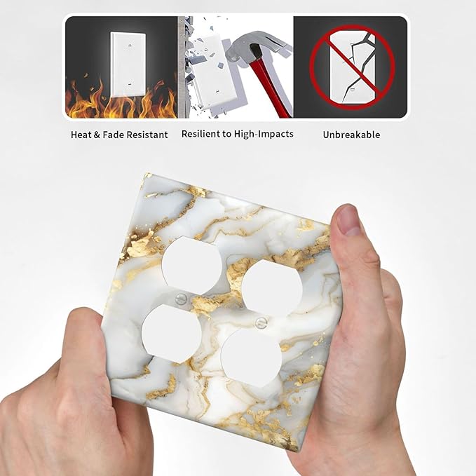 Luxurious White Gold Marble Patterns Abstract Outlet Covers 2 Gang Double Duplex Decorative Light Switch Covers Electrical Wallplates Socket Faceplate for Bathroom Kitchen Decor