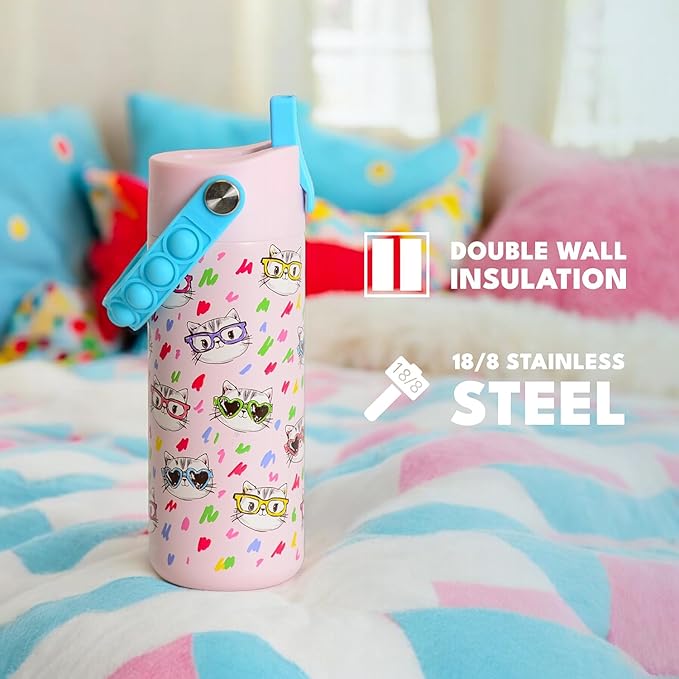 Elemental Insulated Kids Water Bottle, Stainless Steel Water Bottle with Straw Lid & Pop-It Handle, Leak-Proof Water Bottles for School, Boys or Girls, Travelling and Sports, 18oz - Stylish Cat