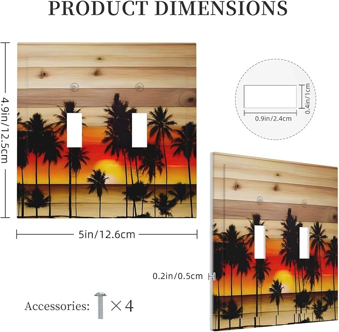 Sunset Beach Coconut Palm Tree Wooden Background Decorative Switch Plates 2 Gang Double Toggle Outlet Light Switch Cover Wall Plate Electrical Faceplate for Bedroom Living Room Decor