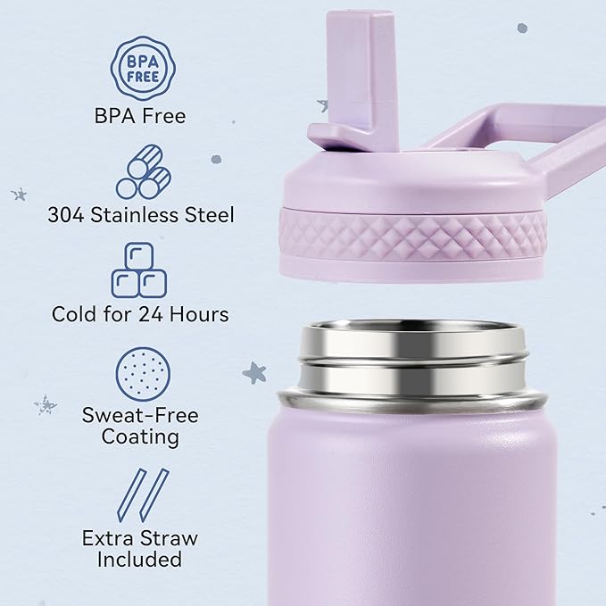 Fijinhom 12 oz Toddler Bottle, 2 Pack Kids Water Bottle for School Boys & Girls with Straws Lids, 304 Stainless Steel Vacuum Insulated Thermos, BPA-Free, Blue + Purple