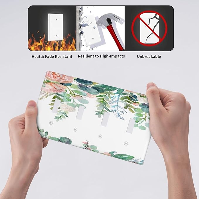 Green Eucalyptus Leaves Floral Watercolor Flower Light Switch Covers Quad Toggle Electrical Faceplate 4 Gang Wall Plate Decorative Switch Plates for Bed Room Living Room Decor