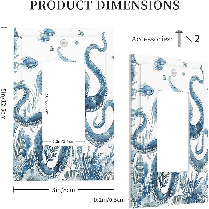 Blue Octopus Squid Seahorse Coral Watercolor Wild Sealife Decorative Outlet Covers 1 Gang Single Rocker Light Switch Cover Plate Wall Plates GFCI Faceplate for Bathroom Kids Room Decor