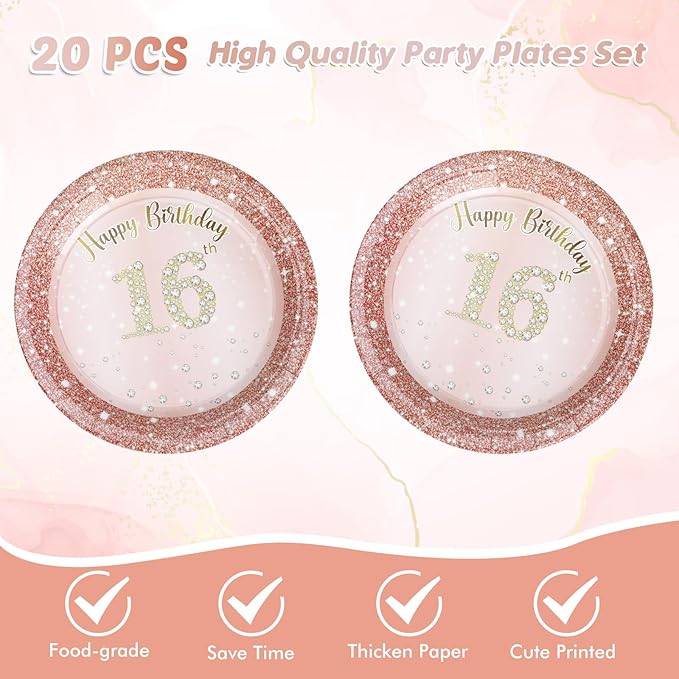 41Pcs 16th Birthday Party Decorations for Girls, Rose Gold Birthday Supplies Include 20 Plates 20 Napkins and 1 Pcs Tablecloth, Sweet Sixteen Year Old Birthday Party Tableware for Girls Kids Children