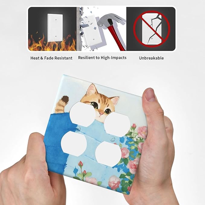 Cat Flower Double Duplex Receptacle Outlet Cover Wall Plate Decorative 2 Gang Light Switch Covers Electrical Switchplate Home Decorate Faceplat for Bathroom Bedroom Kitchen Room 4.5 x 4.5 Inch