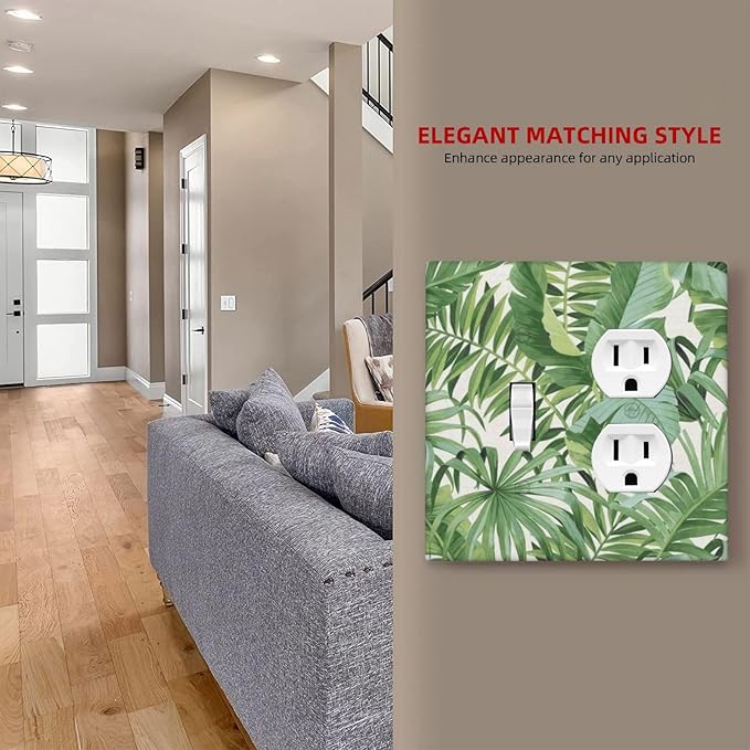 Green Tropical Palm Tree Leaf Decorative Outlet Covers 2 Gang Combination 1-Toggle 1- Duplex Light Switch Covers Summer Vibrant Vivid Leaves Electrical Two Device Single Toggle/Duplex Combo Wall Plate