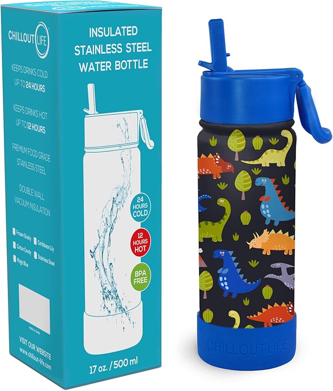 CHILLOUT LIFE 17 oz Kids Insulated Water Bottle for School with Straw Lid Leakproof and Cute Waterproof Stickers, Personalized Stainless Steel Thermos Flask Metal Water Bottle, Dishwasher Safe Color