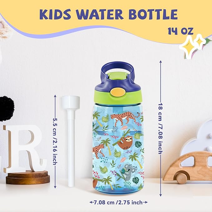 14oz Sloth Kids Water Bottle with Straw Lid - Koala Water Bottles for Kids, Leakproof, Lightweight, Durable Plastic Bottles for School Travel, Pop-Up Straw Cover, Gift Cup for Boys Girls(Animals)