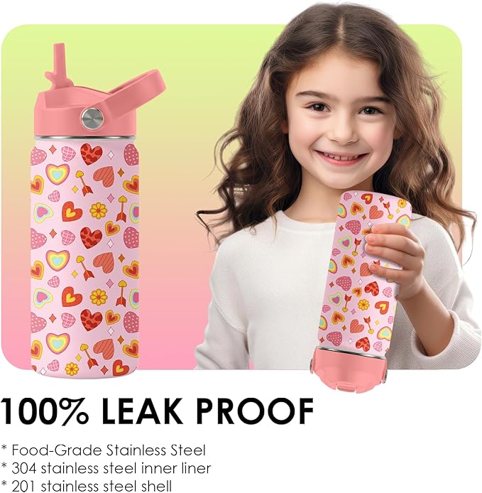 Heart Gifts for Kids - 16 Oz Kids Water Bottle with Straw Lid, Stainless Steel Insulated Tumbler, Leak Proof, BPA-Free, for Girls, School, Travel - Heart Pattern Children Birthday Gifts Cups(1pc)