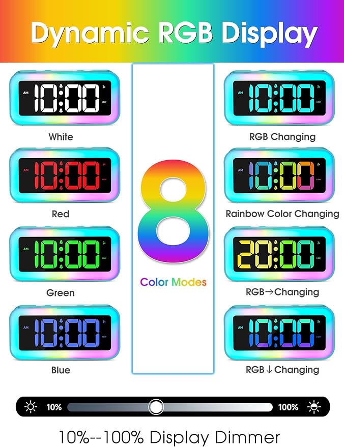 Cadmos Loud Alarm Clock for Bedrooms with Dynamic RGB Night Light,Heavy Sleepers Adults,Dual Alarm,Dimmer,USB Charger,Small Bedside Digital Clock with Led Display for Kids,Teens,Seniors (Blue)