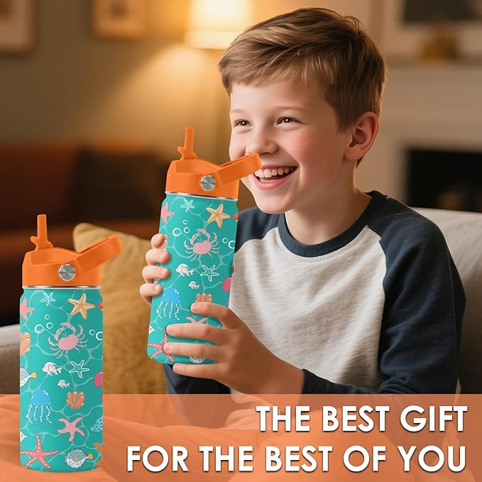 Ocean Gifts for Kids - 16 Oz Green Water Bottle with Straw Lid, Stainless Steel Insulated Tumbler, Leak Proof, BPA-Free, for Girls & Boys, School, Beach - Marine Life Lovers Birthday Gifts (1pc)