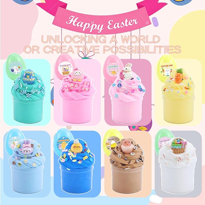 8Pack Butter Slime kit for Kids,Easter Basket Stuffers Party Favors Stretchy and Non-Sticky, Sensory Play Kit and Easter Basket Fillers Slime and Charms - Prefilled Eggs