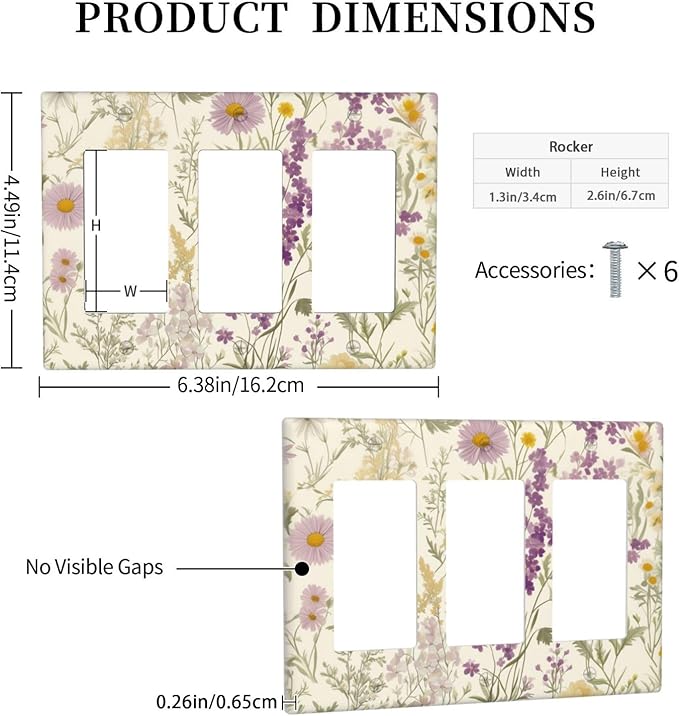 Watercolor Floral Leaves 3 Gang Rocker Outlet Covers Triple Rocker Light Switch Cover Plate Small Purple Flowers Daisies Switchplates Decorative Electrical Faceplate for Bedroom Living Room Decor