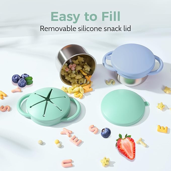 2 Pack Stainless Steel Spill Proof Snack Cup for Baby Toddlers Kids, with Silicone Food Catcher, Travel Lid, Spill-Proof Bowl Containers, Toddlers Essentials, Non Toxic BPA Free