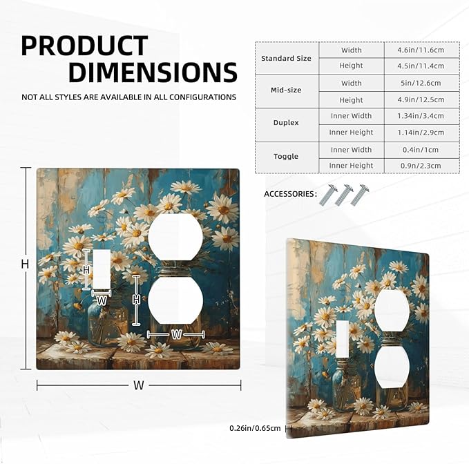 Delicate White Daisy Jars Retro Wood Background Wallplates 1 Toggle 1 Duplex Switch Plate Electrical GFCI Faceplate Decorative Light Switch Covers for Farmhouse Home Decor
