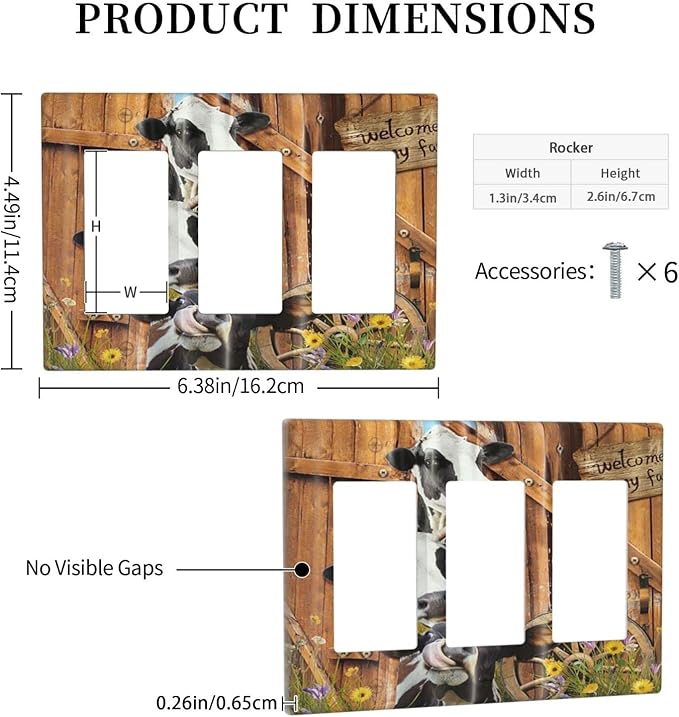 Decorative Switch Plate Covers Farm Cow Farmhouse Barn Door Rustic Vintage Wooden 3 Gang Triple Rocker Decora Light Switch Cover Country Wildlife Funny Outlet Wall Plate Electrical Faceplate GFCI