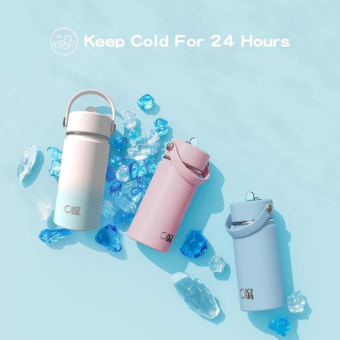 OISIZ Kids Water Bottle with Straw Lid 14oz, Vacuum Insulated 316 Stainless Steel Water Bottles for Kids for School, Leakproof Water Bottle, BPA Free and Keep Cold for 24 Hours