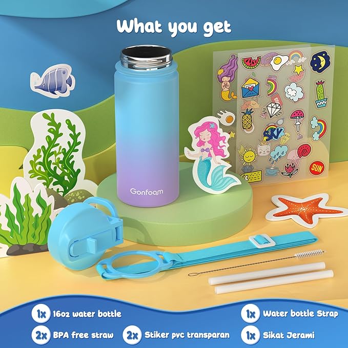 Kids Water Bottle, 16oz Kids Water Bottle with Stickers for School, insulated Stainless Steel Straw Cup(Blue/Purple)