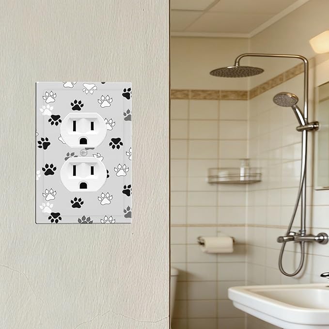 Monochrome Paw Print Duplex Wall Plate - 1-Gang Standard US Size Minimalist Dog Lover's Pet Paws Outlet Covers, Neutral Tone for Pet Owners Decor