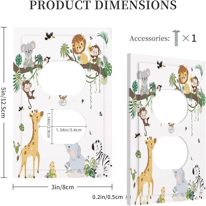 Jungle Animals Tree Branch Monkey Giraffe Lion Elephant Outlet Covers 1 Gang Duplex Light Switch Cover Decorative Switch Plates Electrical Receptacle Faceplate Wall Plate for Kids Room Nursery Decor