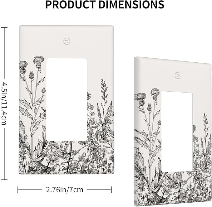 Gray Vintage Floral Garden 1-Gang Rocker Wall Plate, Neutral Cottage Garden Retro Wildflower Switch Plate for Living Room, Bedroom, Sunroom