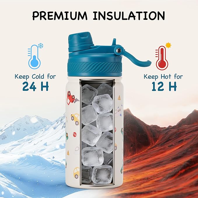 Fijinhom 12 oz Kids Water Bottle, 2-in-1 Stainless Steel Vacuum Insulated Water Bottle for Toddler, Leak Proof Spout & Straw, Double Wall Thermal Flask for Boys&Girls, School, Outdoor, Travel (Car)