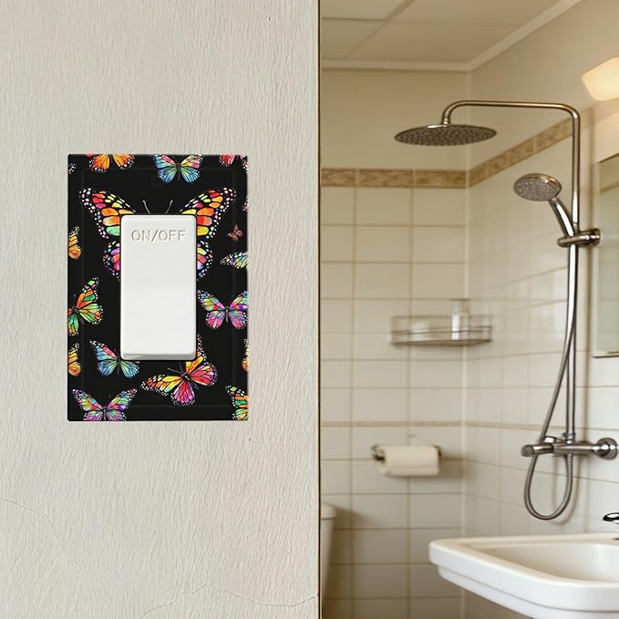 Vibrant Rainbow Butterflies on Black Single Rocker Switch Cover - 1-Gang Standard US Size Enchanted Garden Butterfly Light Switch Covers for Bedroom Decor