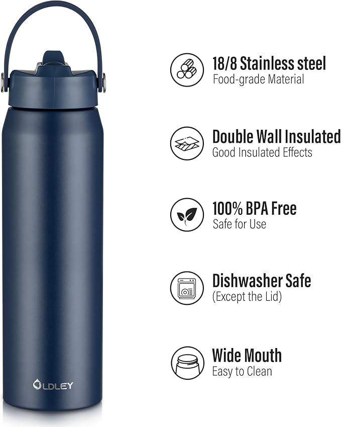 Oldley 32oz Insulated Water Bottle with Straw, Stainless Steel Water Bottle for Sports, Travel, School, BPA-Free Sports Bottles for Adult Kids, Leak-Proof, Navy Blue