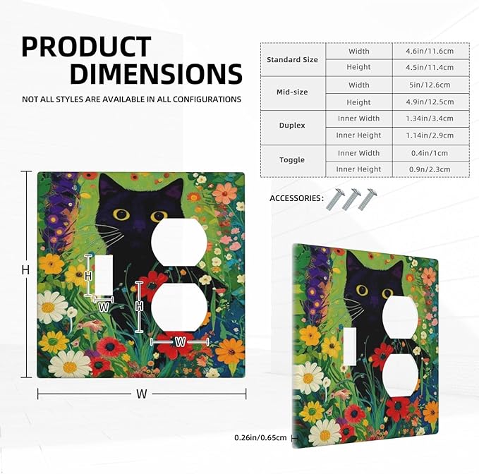 Decorative Art Light Switch Covers BlackCat&Flowers 2 Gang Single Toggle Duplex Combination Electrical Faceplate Switchplate Wall Plate for Home Decor