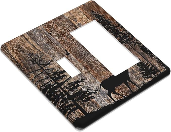 Outlet Covers Rustic Forest Antler Elk Deer Silhouettes Animals Wood Grain 1 Toggle 1 Rocker Combination Decorative Wall Plate Light Switch Cover Plate Electrical Switch Plates for Farmhouse